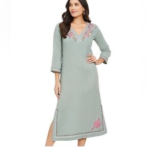Spartina 449 Cotton Seafoam Green Embroidered Midi Dress Floral Cottage Sz‎ S